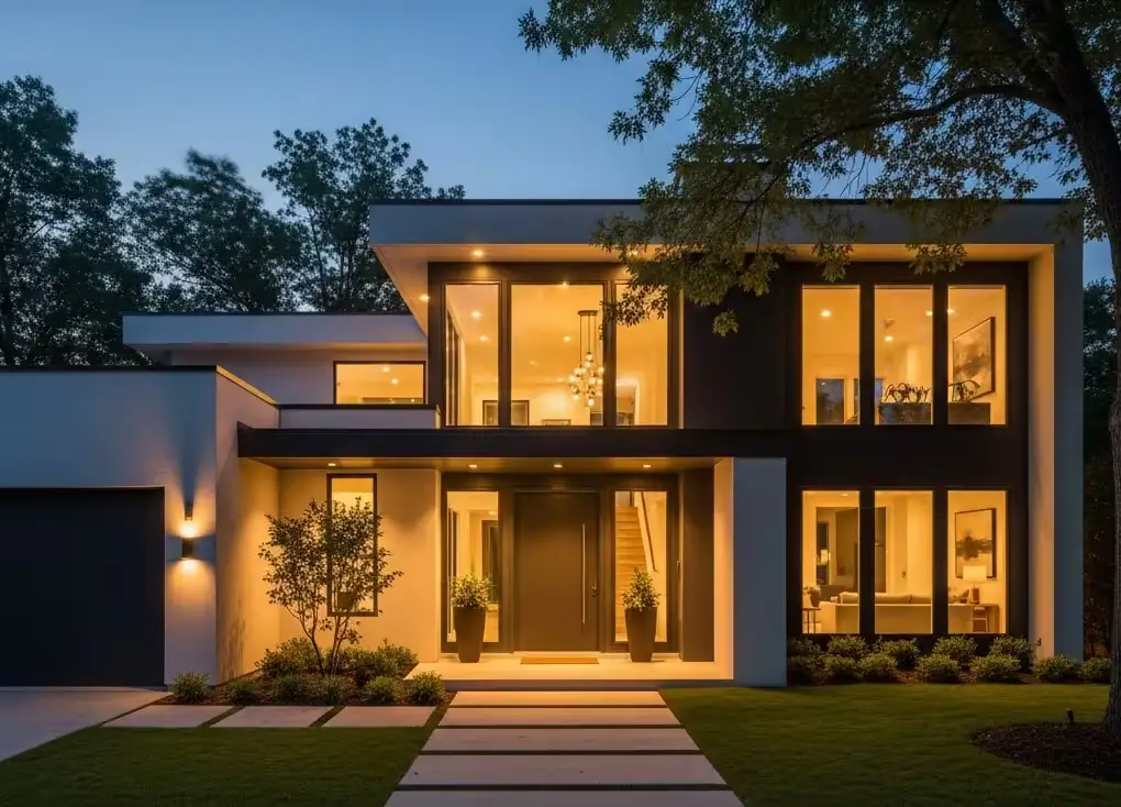 Casa moderna vidriada, al atardecer, iluminada